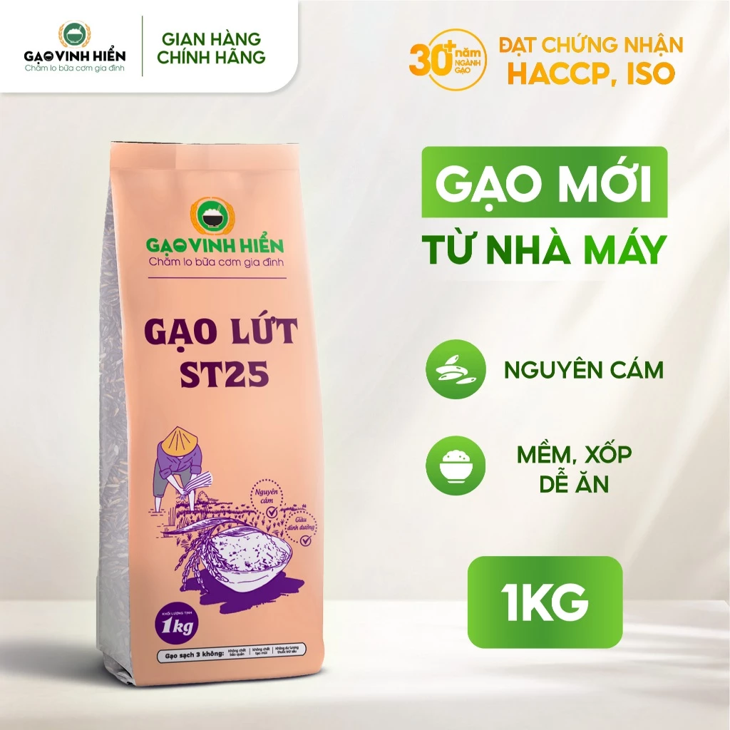 [Eat clean] Gạo Lứt ST25 Vinh Hiển Túi 1KG - Nguyên cám, dẻo mềm, thơm ngon, gạo lứt healthy