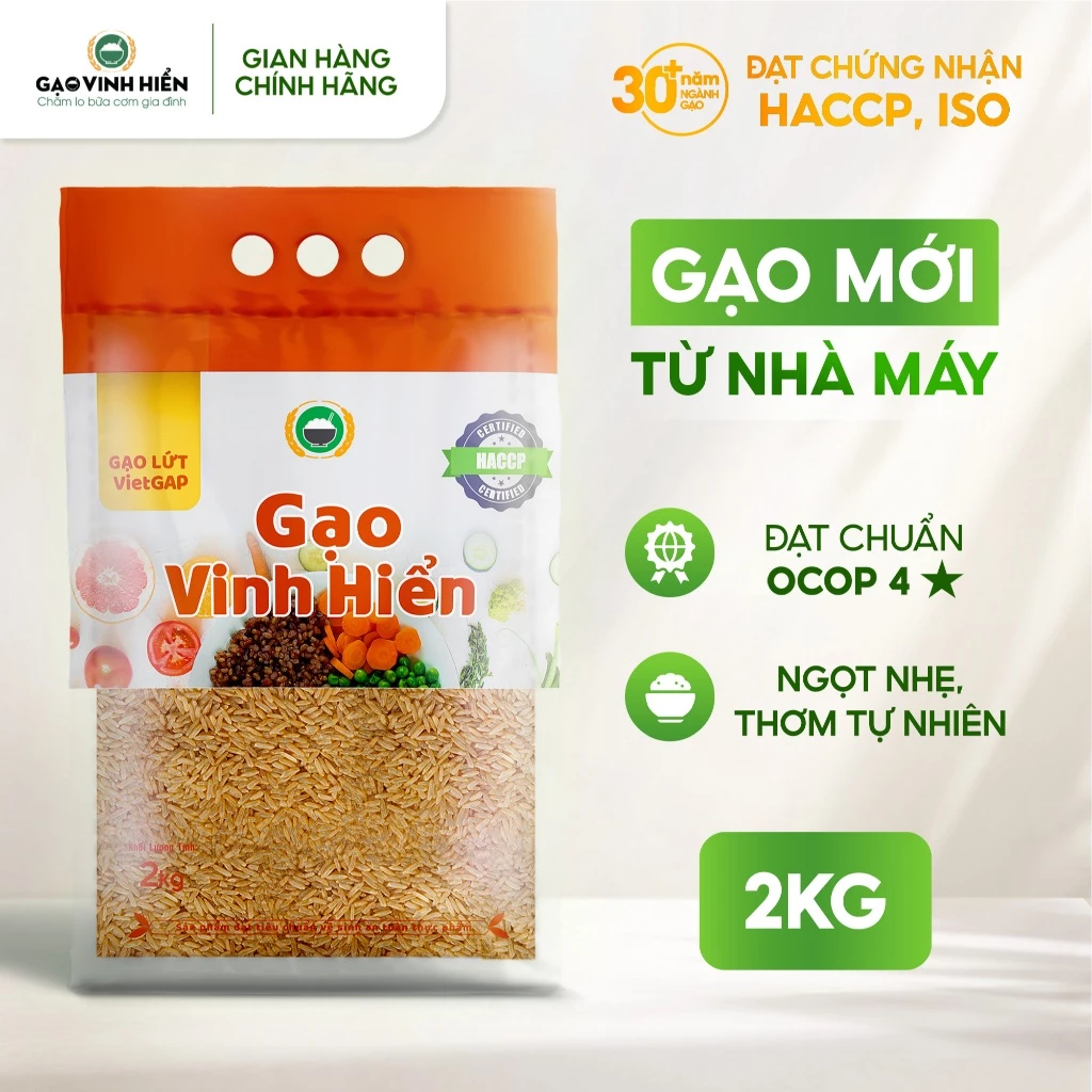 Gạo lứt trắng VietGAP Vinh Hiển túi 2KG - Dẻo, mềm, dễ ăn