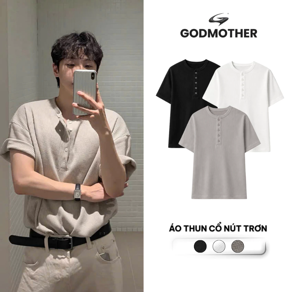 Áo Thun Cổ Tròn Nút Trơn GODMOTHER Thun Trơn Tổ Ong Thoáng Mát Unisex Phong Cách Hàn Quốc Basic Casual