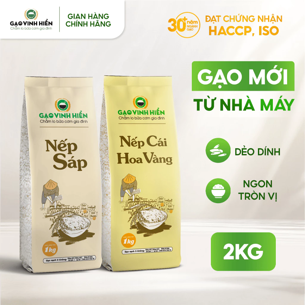 [2 LOẠI NẾP] Combo Nếp Cái Hoa Vàng 1KG và Nếp Sáp 1KG Vinh Hiển - Thơm, dẻo, mềm ngon