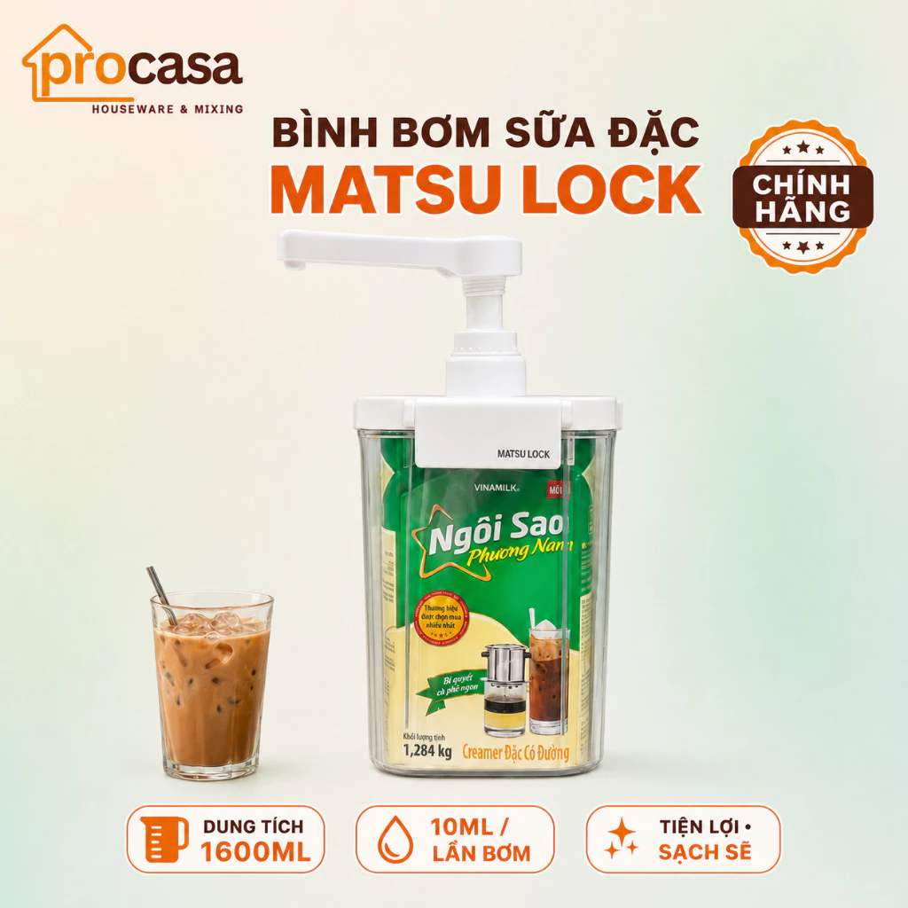 Bình bơm sữa đặc Matsu Lock 1600ml – Vòi bơm 10ml – Đựng vừa hộp sữa đặc Ngôi Sao Phương Nam 1284g