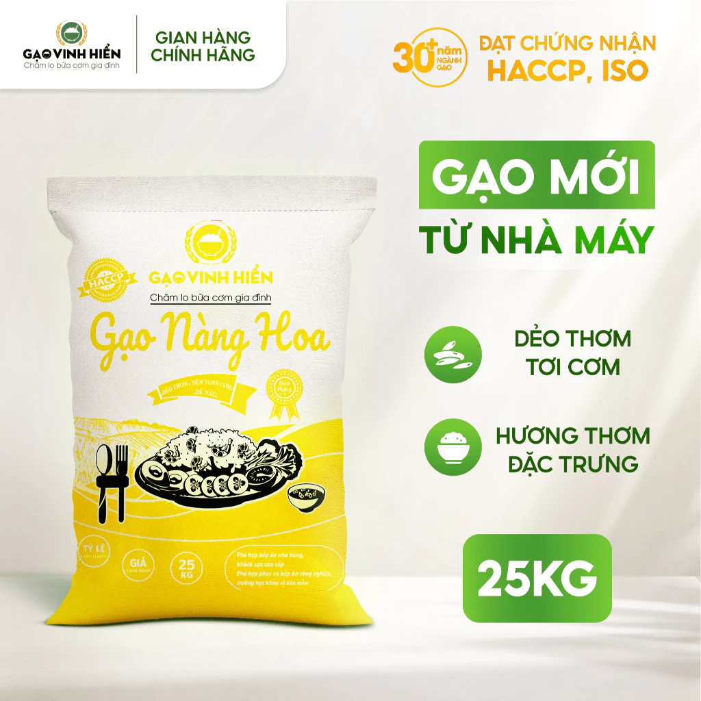 Gạo Nàng Hoa Vinh Hiển 25KG - Dẻo mềm, thơm ngon, thượng hạng - Gạo cho nhà hàng, khách sạn