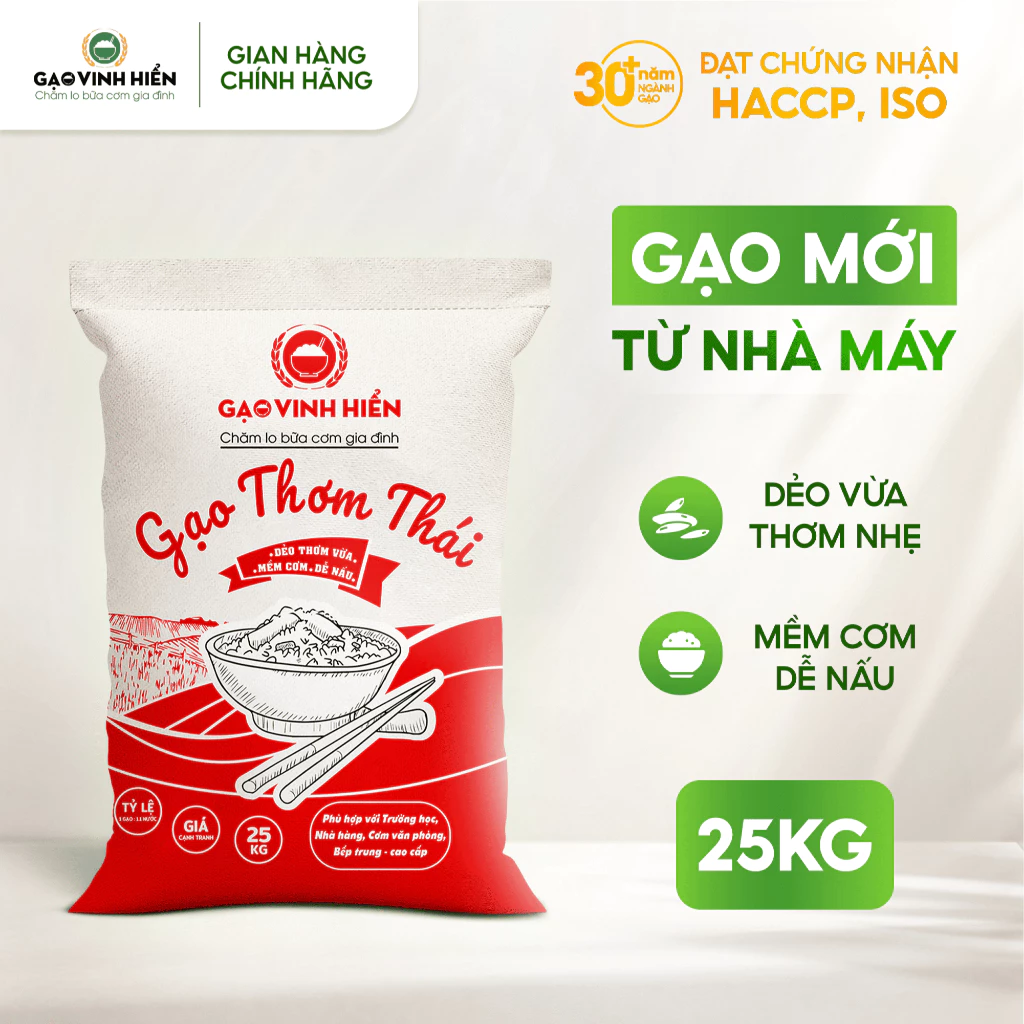 Gạo Thơm Thái 25KG Vinh Hiển - Dẻo vừa, mềm cơm, dễ ăn - Gạo cho trường học, căn tin