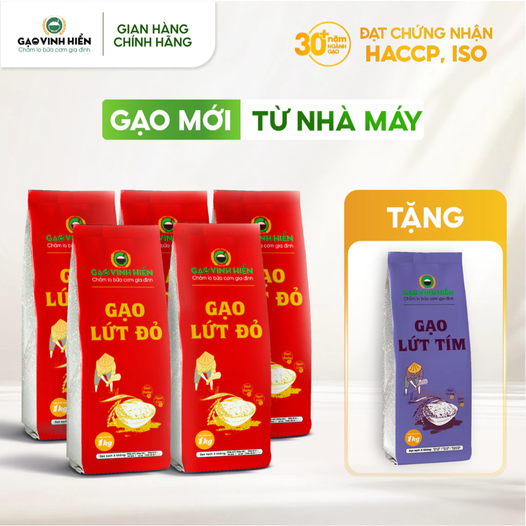 Combo 5 túi Gạo Lứt Đỏ Vinh Hiển 1kg tặng thêm 1 túi Lứt Tím 1kg - Dẻo mềm, ngon cơm
