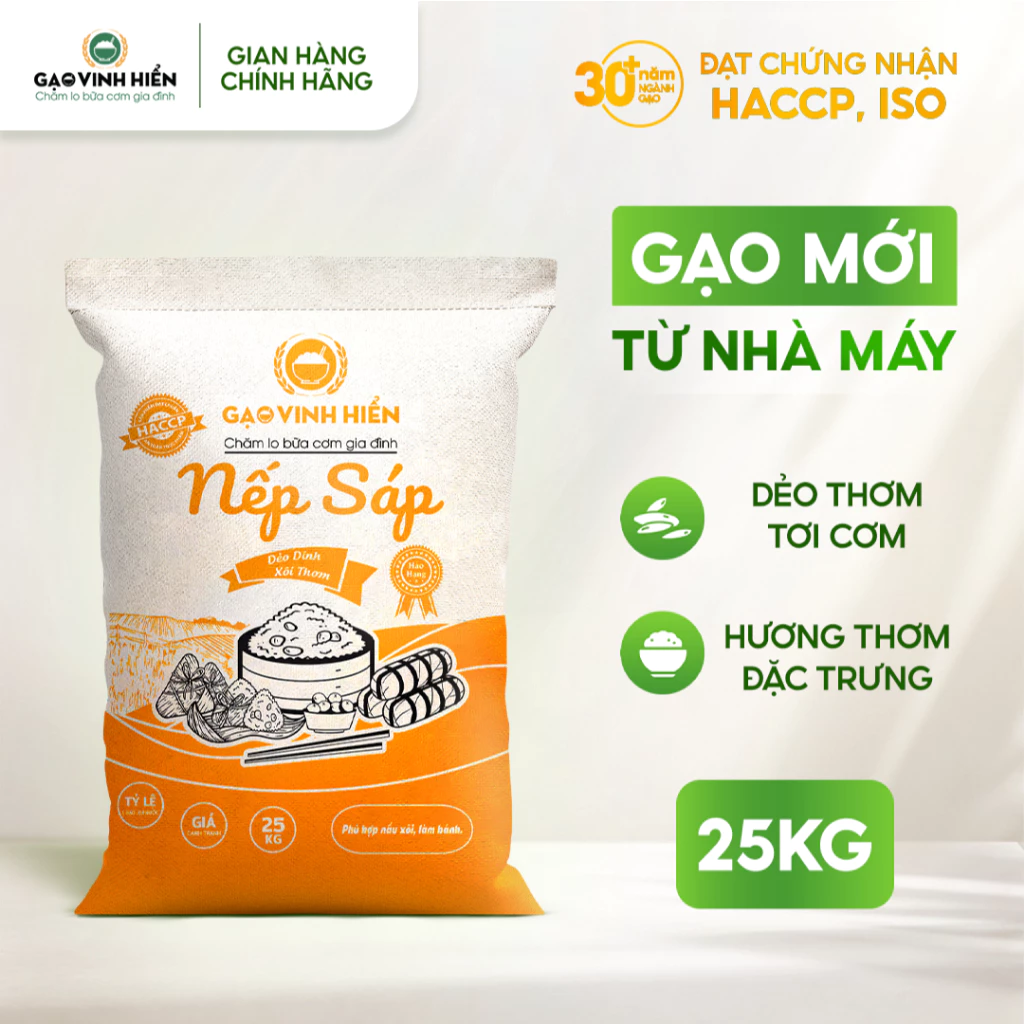 [Nếp Nấu Xôi Tết] Nếp Sáp Vinh Hiển Túi 25KG - Nếp làm bánh tết, xôi tết - Dẻo mềm, đậm đà, thơm ngon