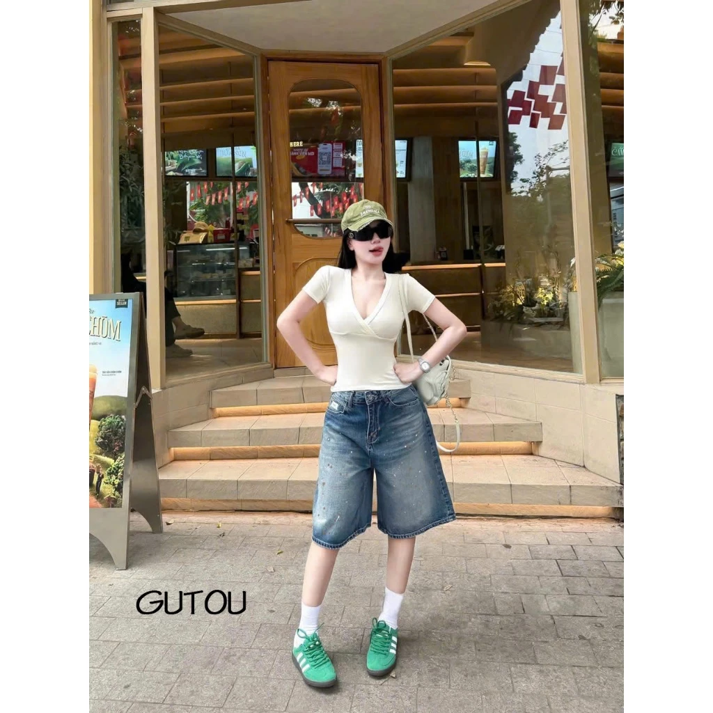 GUTOU - Quần Jean Lửng Nữ Cạp Cao, Quần Short Bò Ống Rộng Wash Xanh Vẩy Sơn Phối Chữ G294