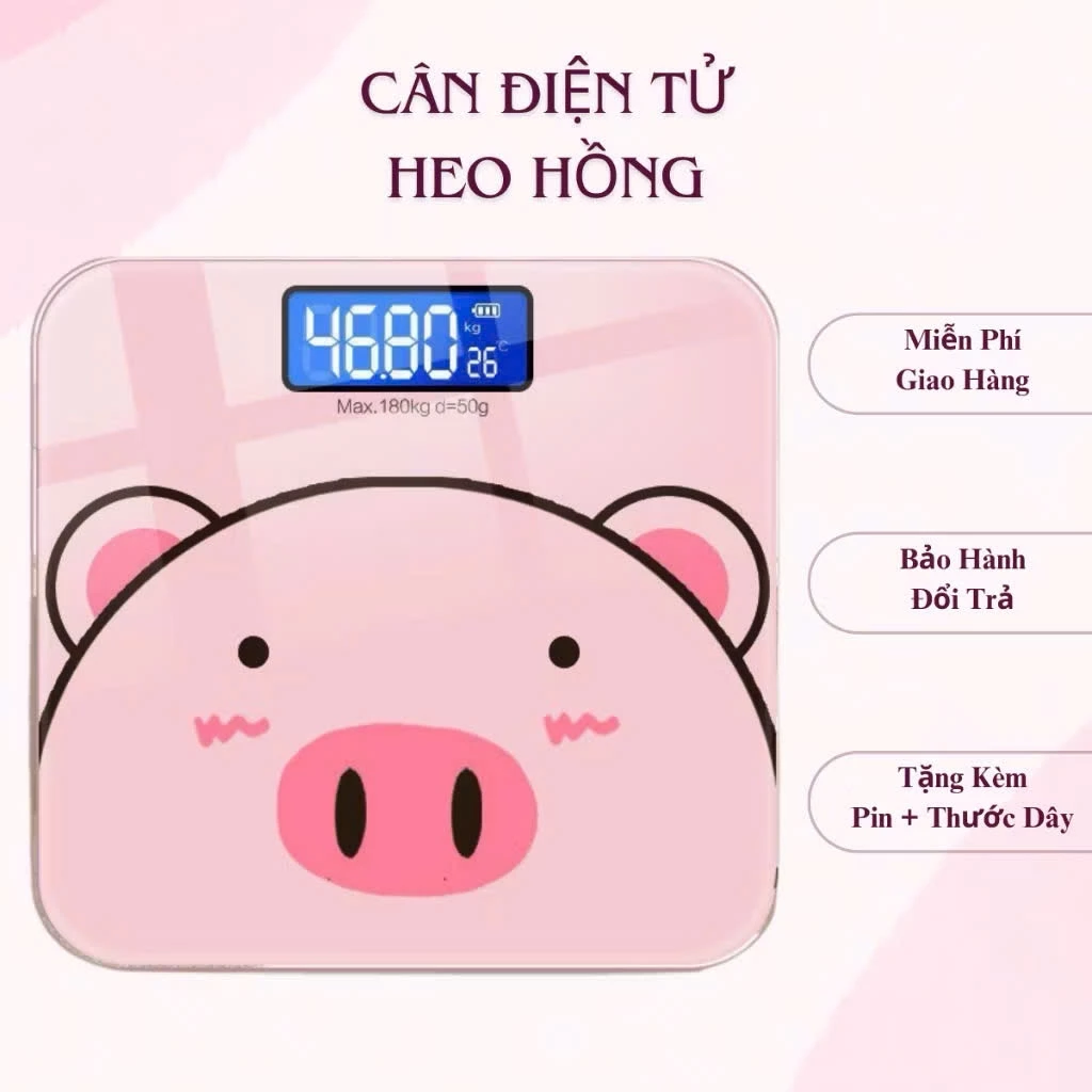 [ Hàng Loại 1 ] Cân Sức Khỏe Điện Tử Hình Heo Hồng Mặt Kính Cường Lực Chịu Tải Đến 180kg Độ Chính Xác Cao Tuyệt Đối.