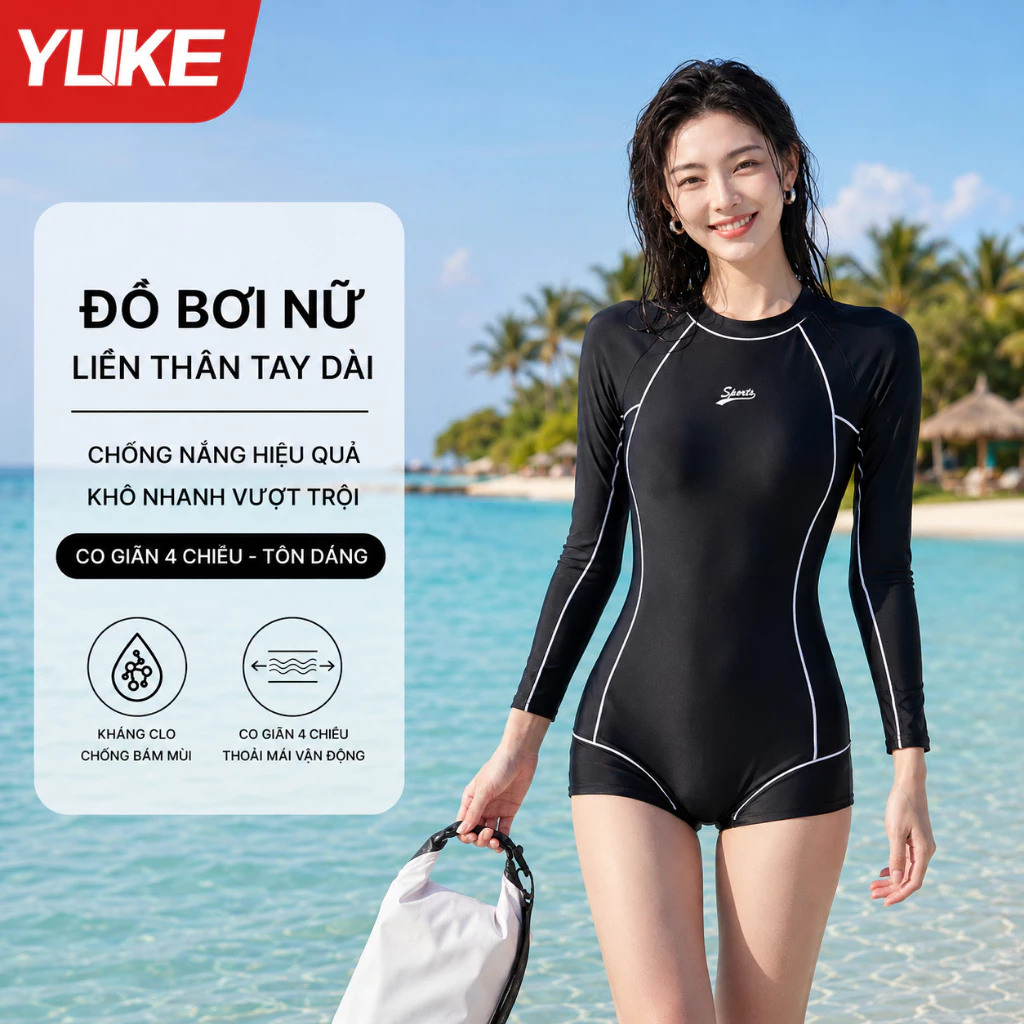 Đồ bơi nữ dài tay liền thân YUKE 8627, khóa kéo sau lưng, nhập khẩu chính hãng