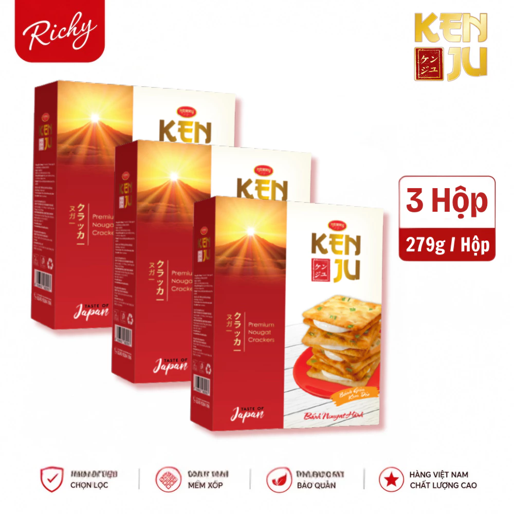 [SVIP] Combo 3 Hộp Bánh Richy KENJU Kem Dẻo Nhân Nougat Kéo Sợi Bánh Giòn Giụm Hộp 279g