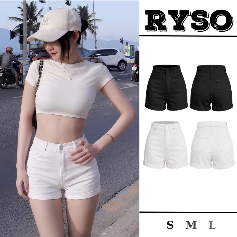 Quần Short Đùi Nữ Kaki Giả Jeans Lưng Cao Ống Gập Form Ôm Co Giãn Màu Đen Trắng QU01 RYSO STORE