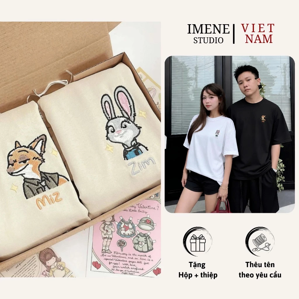 Áo thun THÊU cặp đôi nam nữ theo yêu cầu, áo phông thêu cặp đôi, áo phông nữ form rộng tay lỡ unisex thêu CÁO THỎ (IM14)