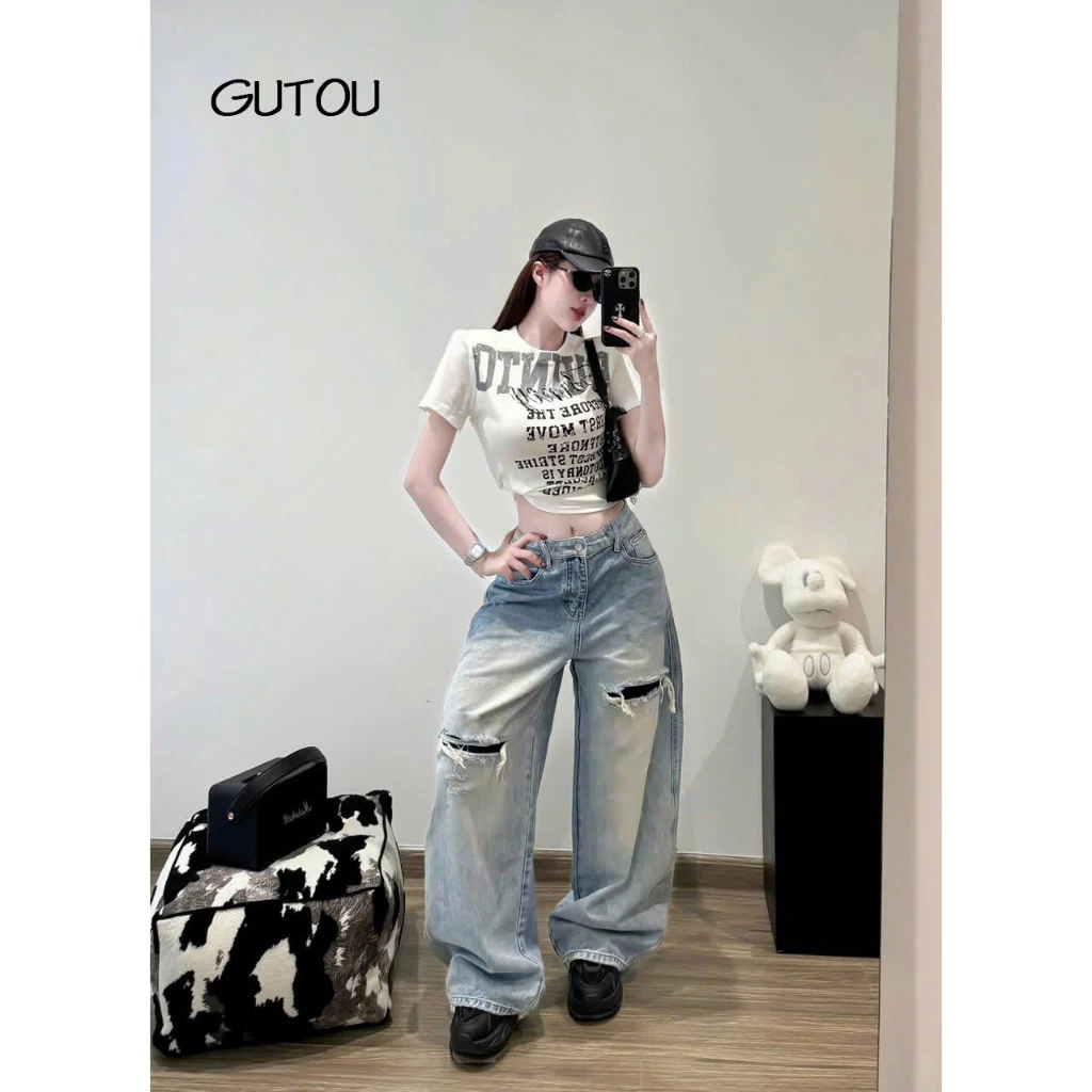 GUTOU - Quần Jean Nữ Ống Rộng Rách Gối, Quần Jean Suông Wash Sáng Rách Gối Casual Street G295