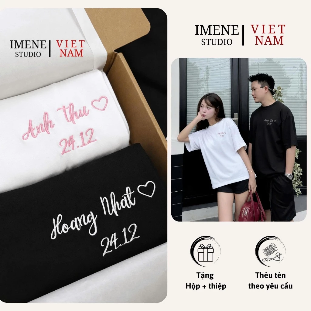 Áo thun THÊU cặp đôi theo yêu cầu, áo phông cặp đôi nam nữ, áo phông nữ form rộng Local Brand tay lỡ thêu CHỮ CÁI (IM20)