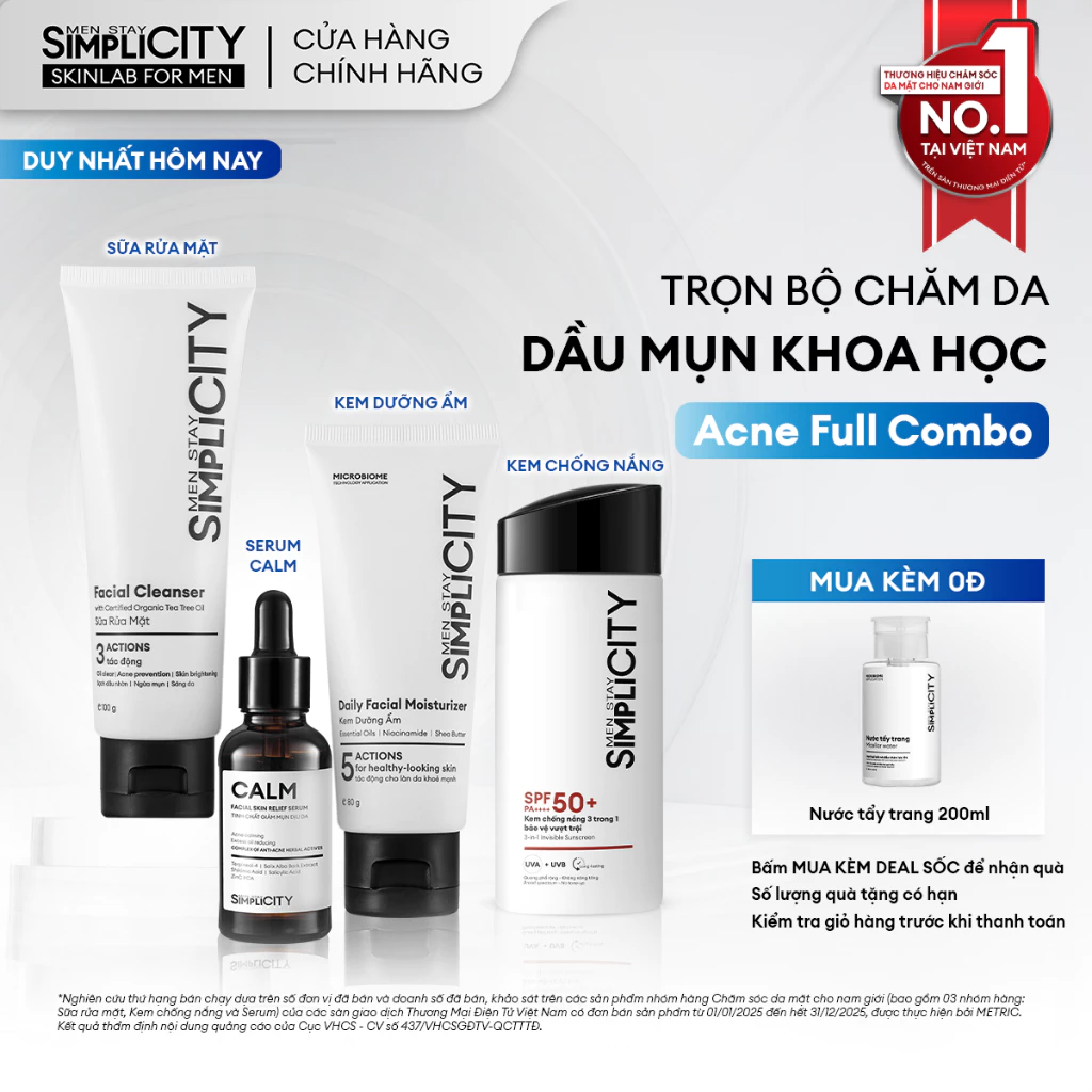Combo Acne Full Combo trọn bộ chăm da dầu mụn khoa học Men Stay Simplicity