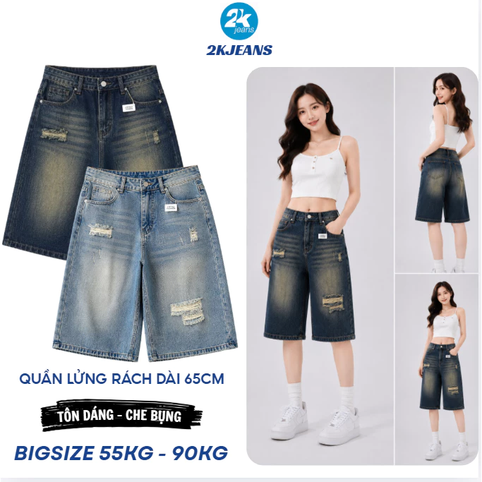 [DEAL SỐC] Quần Lửng Jean Nữ Bigsize QC76 Cạp Cao Ống Rộng Rách 55-90kg 2KJEANS
