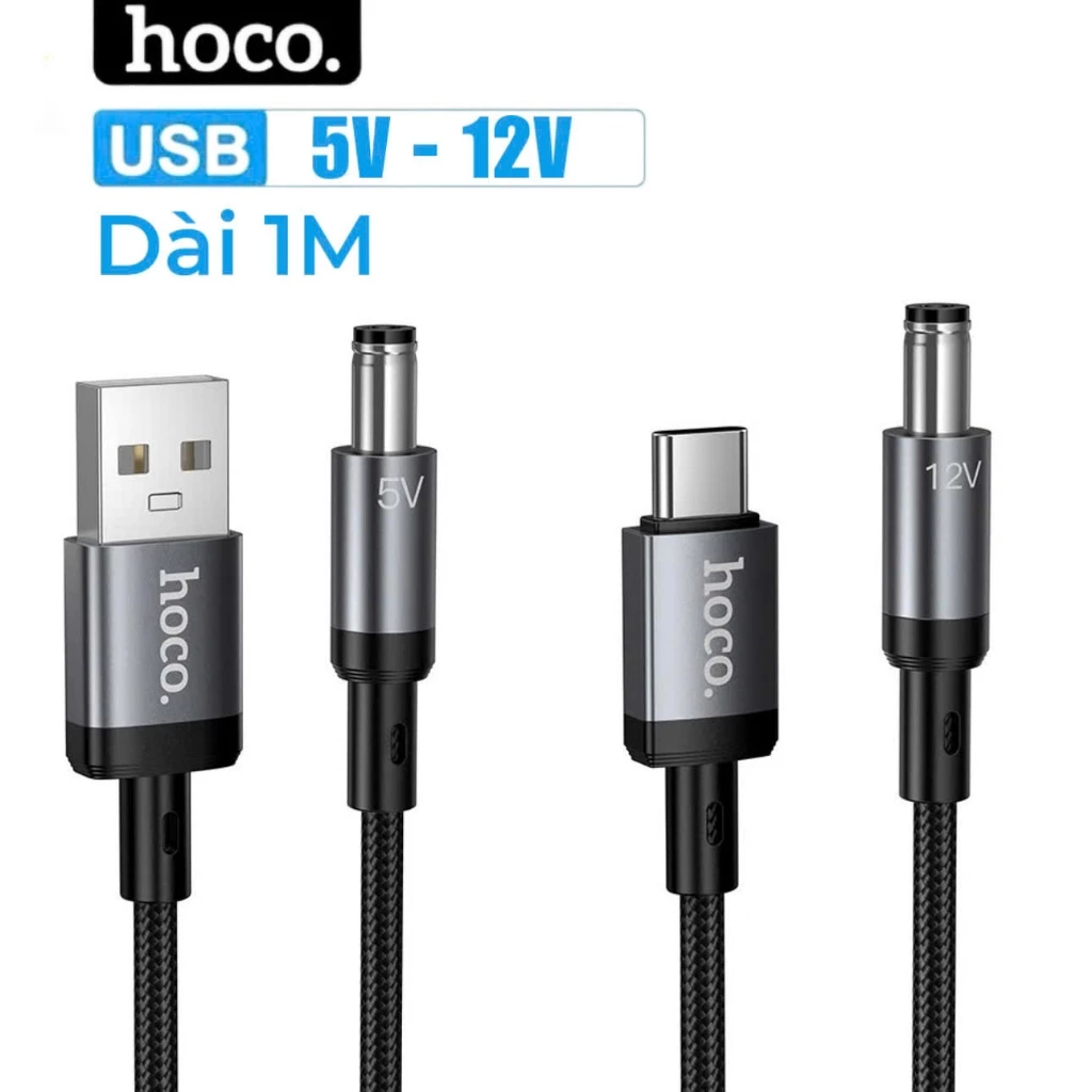 Dây cấp nguồn 5v 12v Hoco dài 1m Cáp tăng áp usb và type c to 2.2 và 2.1x5.5mm cho bộ phát wifi máy hút bụi ...vv