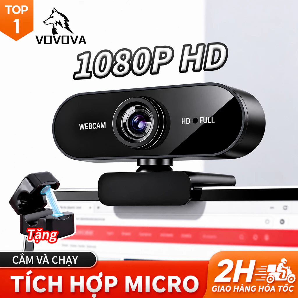 VOVOVA Webcam Máy Tính 1080p/720p Full HD, có Mic, cổng USB, Camera Laptop PC, Học Online, Livestream, Họp Trực Tuyến