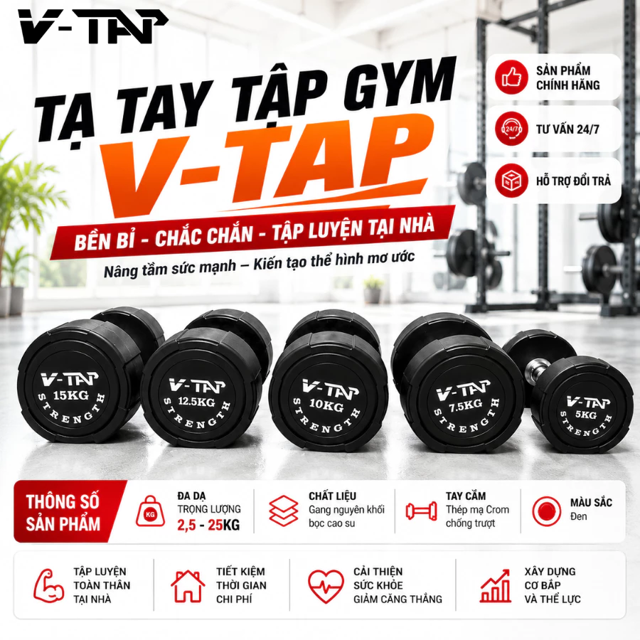 Tạ Tập Gym Tại NhàTay V-DU Chất Liệu Gang Bọc Cao Su, Thiết Kế Hiện Đại Cân Nặng Từ 2.5kg-25kg