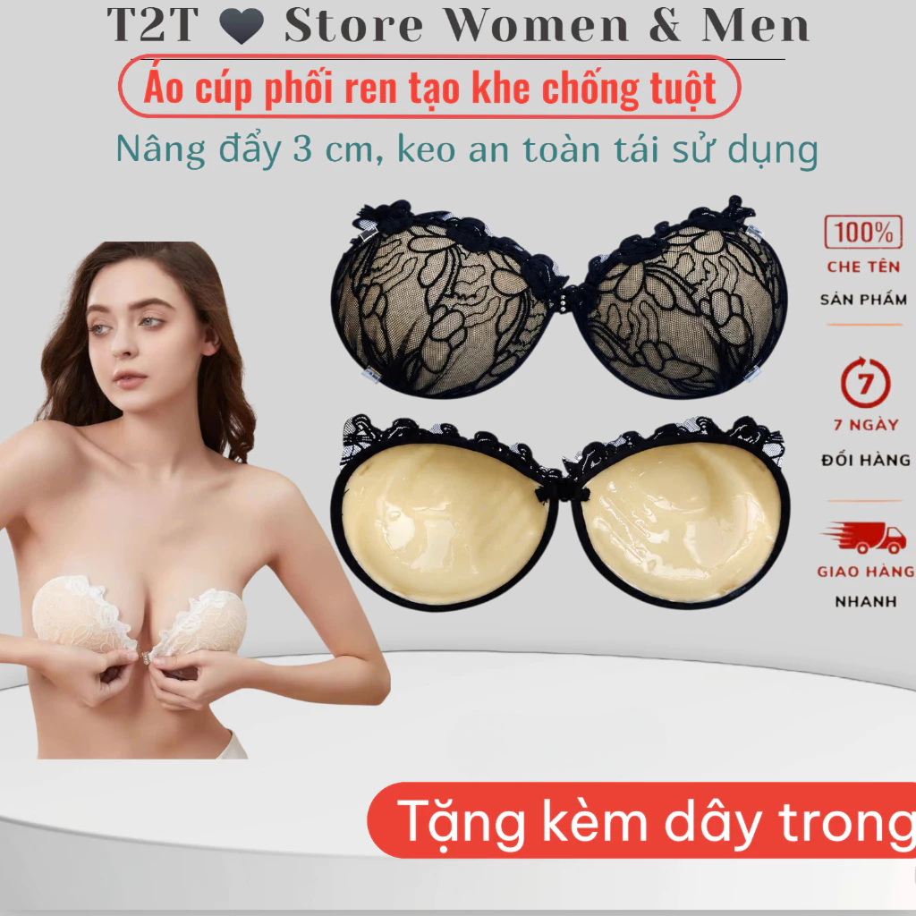 Áo Dán Nâng Ngực  Phối Ren - Tạo Khe Mút Bàn Tay 3 cm Gom Đẩy Quả 2 màu Trắng Đen C025