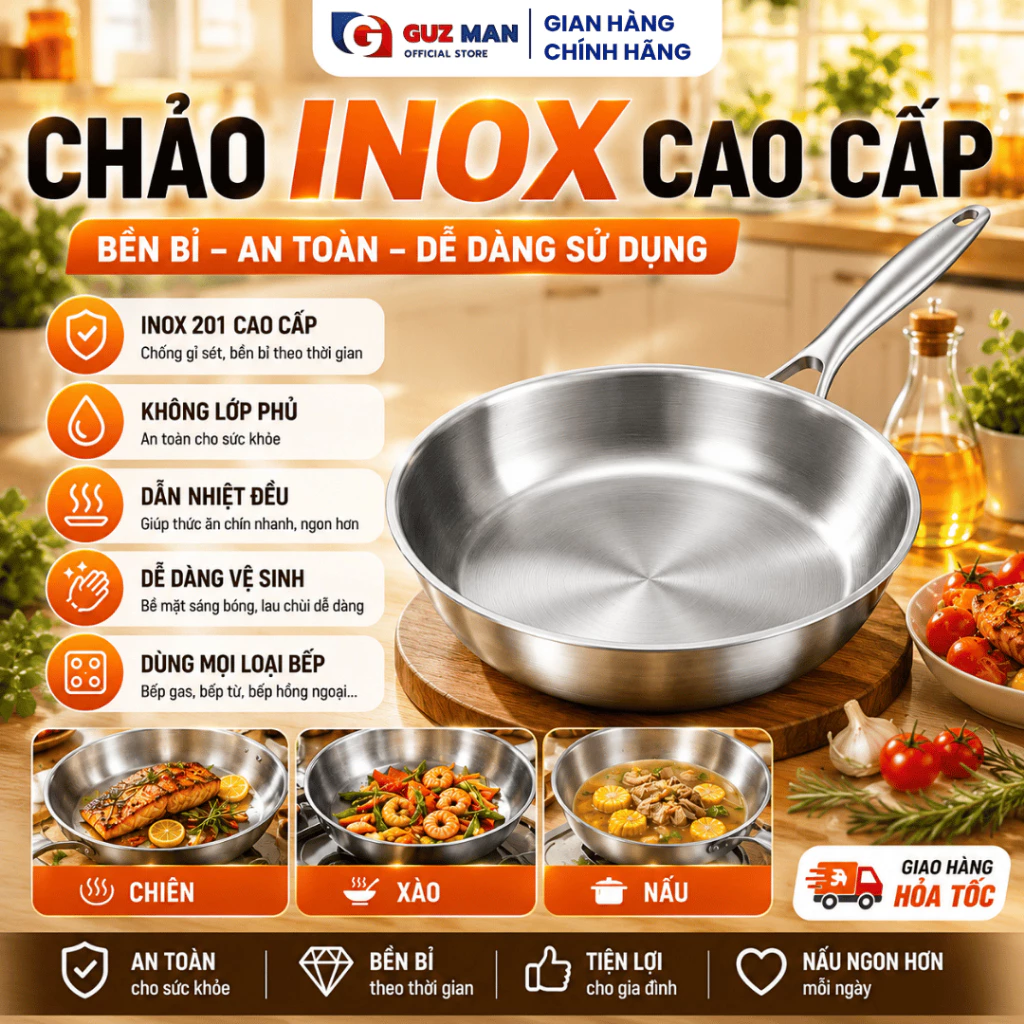 [SSS]Chảo INOX Cao Cấp Nguyên Khối 3 Lớp 22-26cm Chống Dính Truyền Nhiệt Nhanh Phù Hợp Mọi Loại Bếp