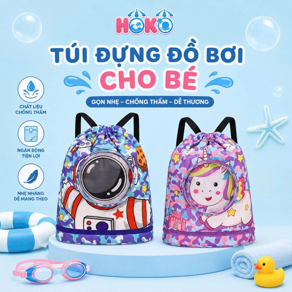 Túi đựng đồ bơi trẻ em HOKO túi bơi balo đi biển chia ngăn ướt và khô túi đựng đồ chống nước có ngăn đựng giày