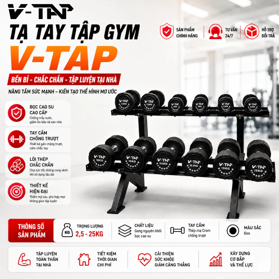 Tạ Tập Gym V-DU Cao Cấp Chất Liệu Gang Bọc Cao Su Bền Bỉ Thiết Kế Hiện Đại Đa Dạng Cân Nặng