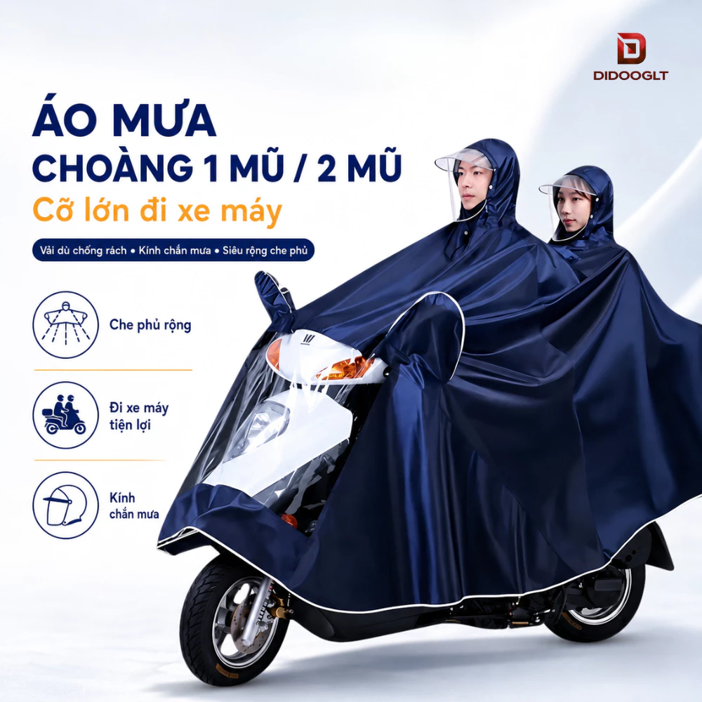 Áo mưa đi xe máy 1 người và 2 người che phủ toàn thân, kèm kính chắn mưa tiện lợi Didooglt
