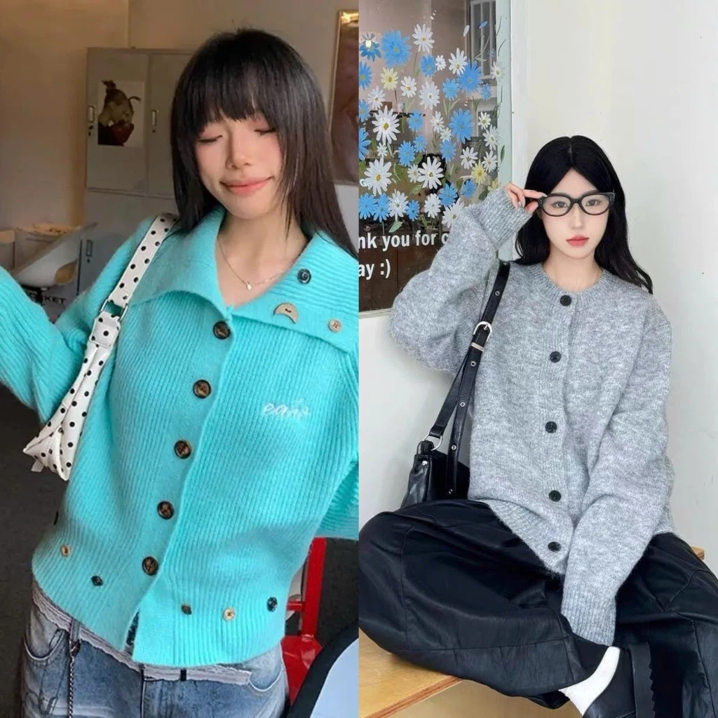 Áo cardigan dáng vừa phối khuy cài  màu xanh và ghi thu đông CDG018 - TikTik