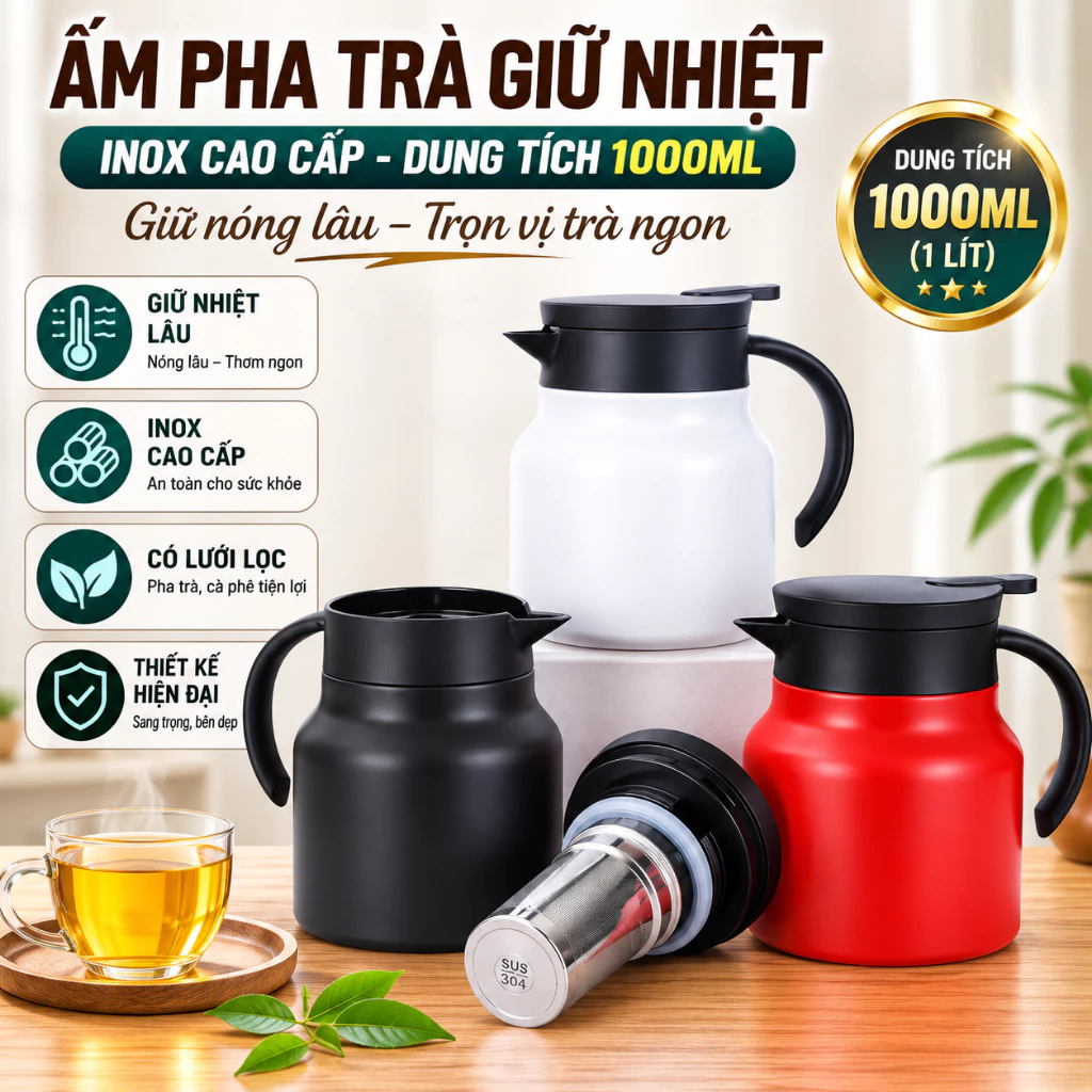 Ấm pha trà giữ nhiệt inox dung tích 1000L có lưới lọc, bình pha trà giữ nhiệt cao cấp giữ nhiêt cao cấp
