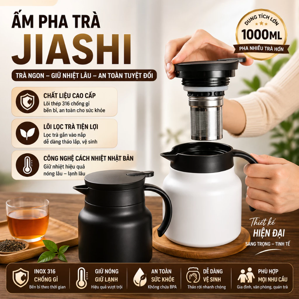 Ấm pha trà giữ nhiệt có lõi lọc trà, chất liệu inox 316 cao cấp dung tích 1000ml
