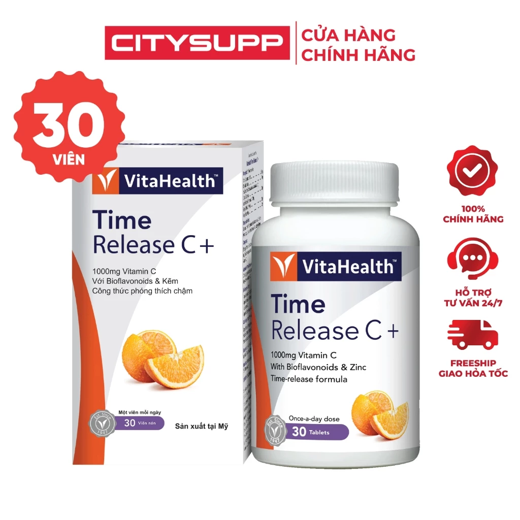 Viên Uống VitaHealth Time Release C+ Vitamin C 1000mg (30 Viên) Bổ Sung Vitamin C & Kẽm