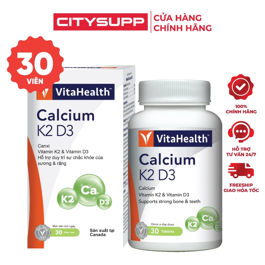 Viên Uống VitaHealth Calcium K2 D3 (30 Viên) Bổ Sung Canxi, Vitamin D3, Vitamin K2 MK7 | CitySupp