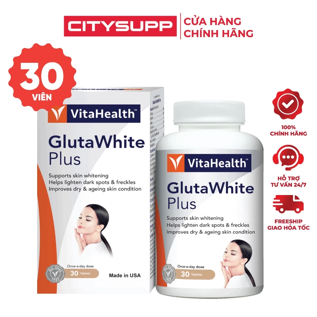 Viên Uống Chăm Sóc Da Glutathione VitaHealth Glutawhite Plus (30 Viên) Bổ Sung Chất Chống Oxy Hóa, Vitamin C