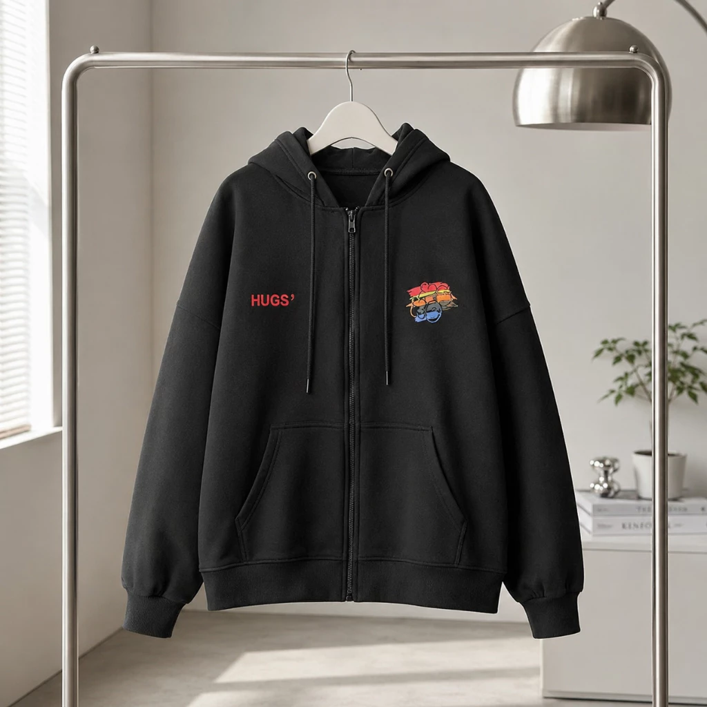 Áo Khoác Hoodie Zip HUGS Vải Nỉ Bông Nón 2 Lớp Trùm Qua Đầu Form Rộng Màu Đen - TOMANO
