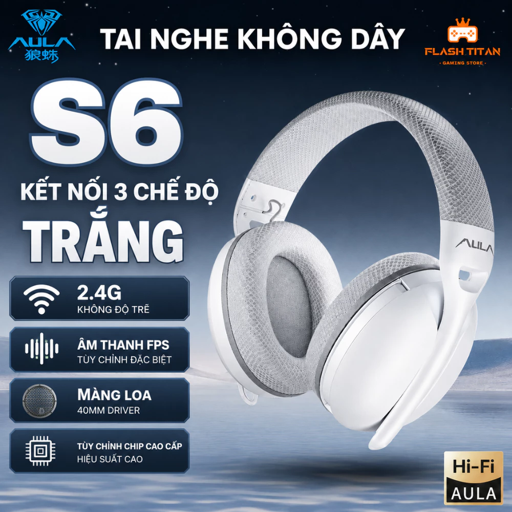 Tai nghe chụp tai Gaming AULA S6 - Có mic đàm thoại - 3 mode kết nối - Âm thanh vòm - Hỗ trợ chơi game FPS