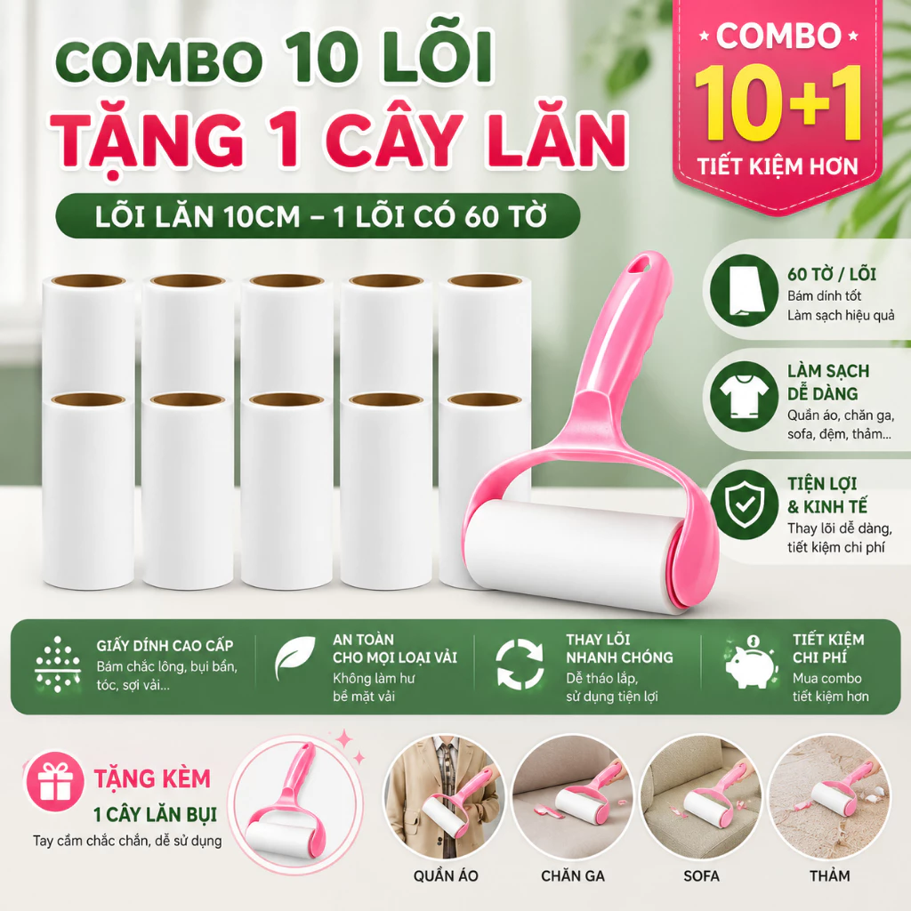 Combo 10 Lõi Lăn Bụi Tặng Kèm 1 Cây Lăn, Cây Lăn Bụi Làm Sạch Quần Áo, Chăn Ga, Đệm Sofa