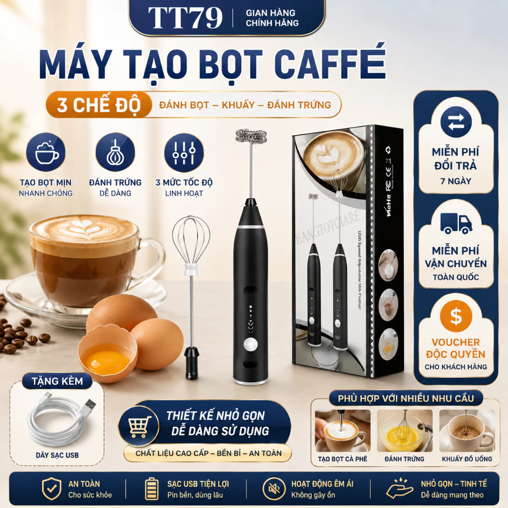 (Tặng kèm dây sạc) Máy tạo bọt cà phê, máy đánh trứng thiết kế nhỏ gọn 2 đầu đánh