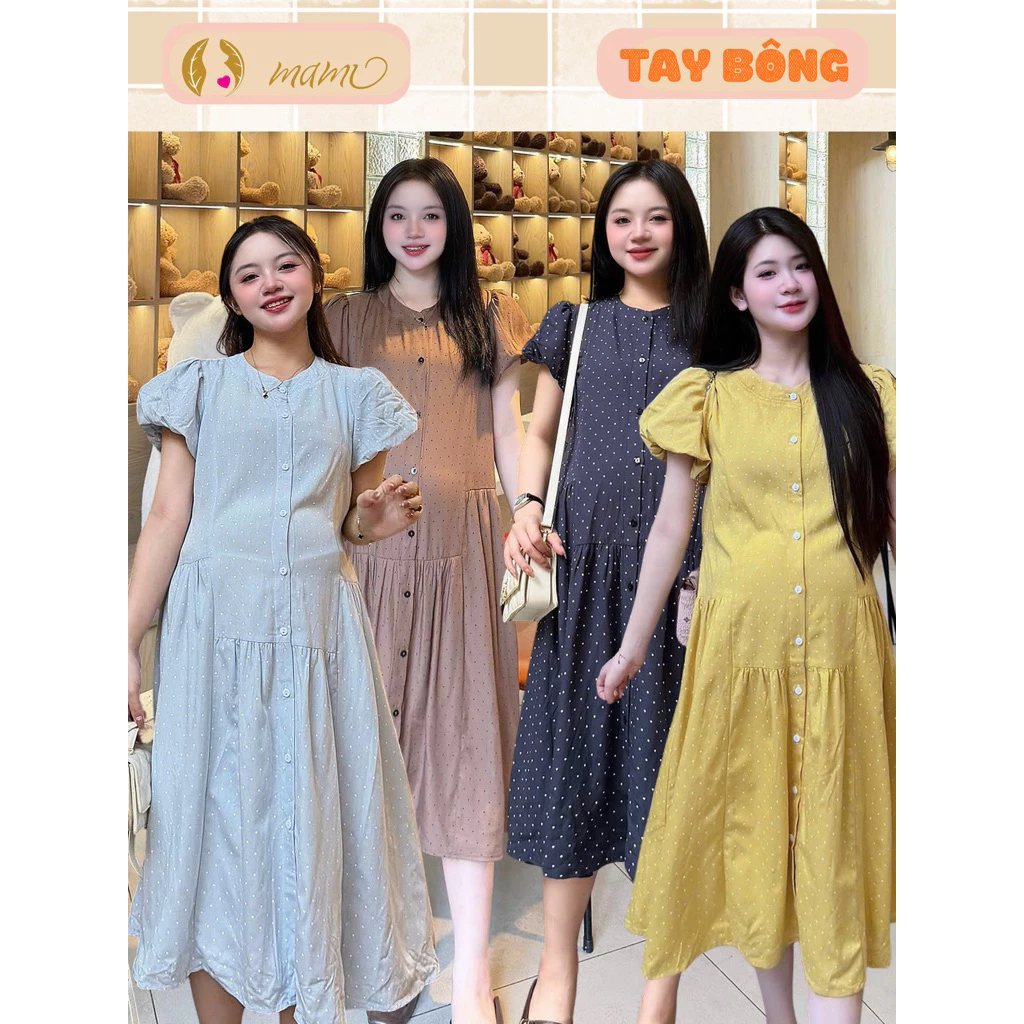 [MAMI] Váy bầu dáng suông chấm bi chất Linen mềm, váy bầu mùa hè, váy bầu dáng suông dài thiết kế Mami