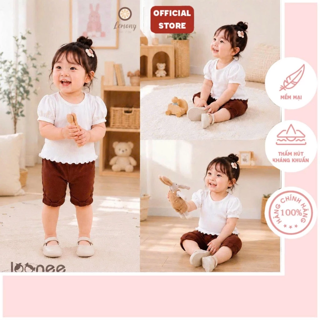 Set Quần Áo Bé Gái Joonee Phối Nơ Dễ Thương, Áo Tay Bồng Quần Legging Size 11-17kg