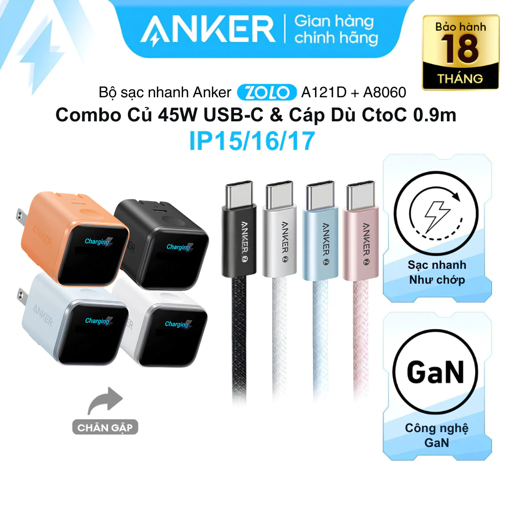 Combo Củ sạc Anker Nano 45W A121D + Cáp sạc USB-C A8060 0.9m, Sạc Nhanh PD, Chân Gập, Màn Hình LED