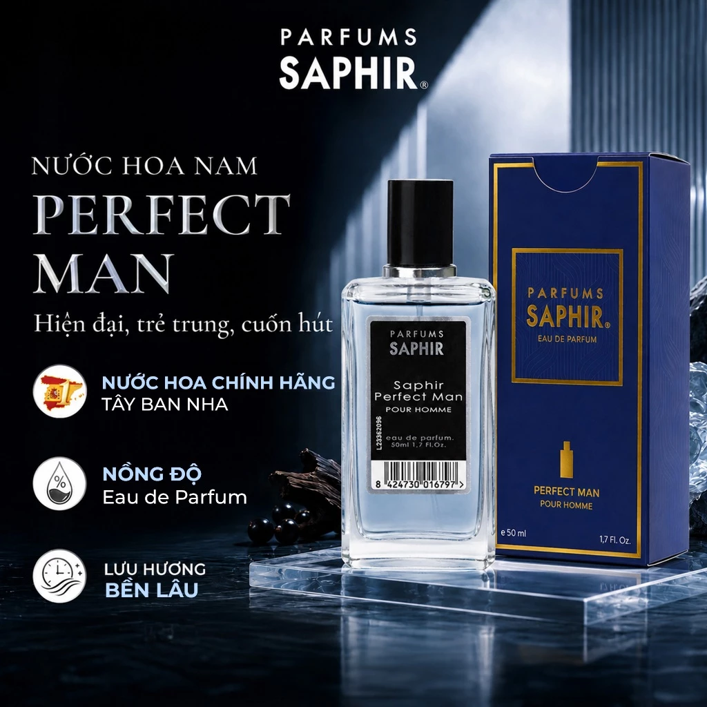Nước Hoa Nam Parfums Saphir  Perfect Man Hương Gỗ Hiện Đại, Trẻ Trung & Cuốn Hút Lưu Hương Bền Lâu 30ML/50ML