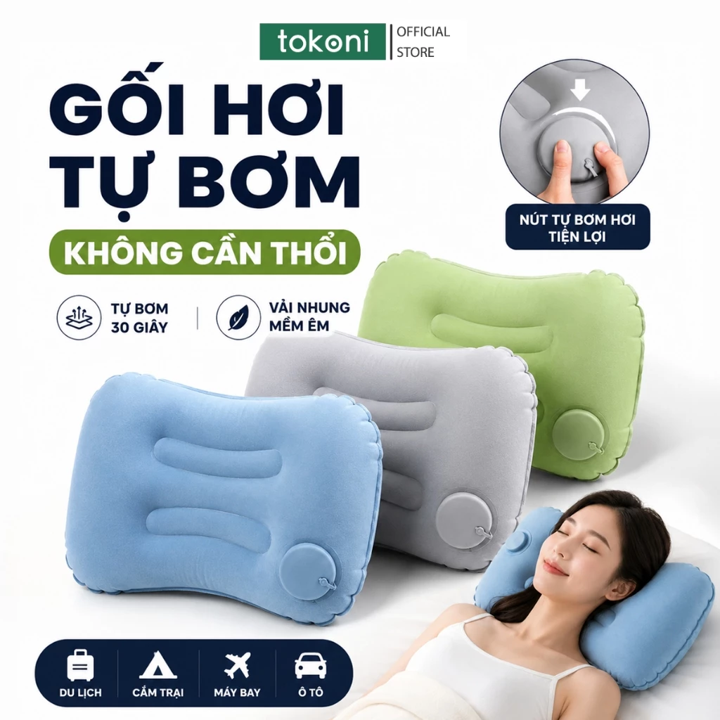 Gối Cổ Tự Bơm Hơi JYohome Gối Kê Cổ Du Lịch Dáng Bo Cong Vải Nhung Không Tì Mặt Đi Ô Tô Máy Bay
