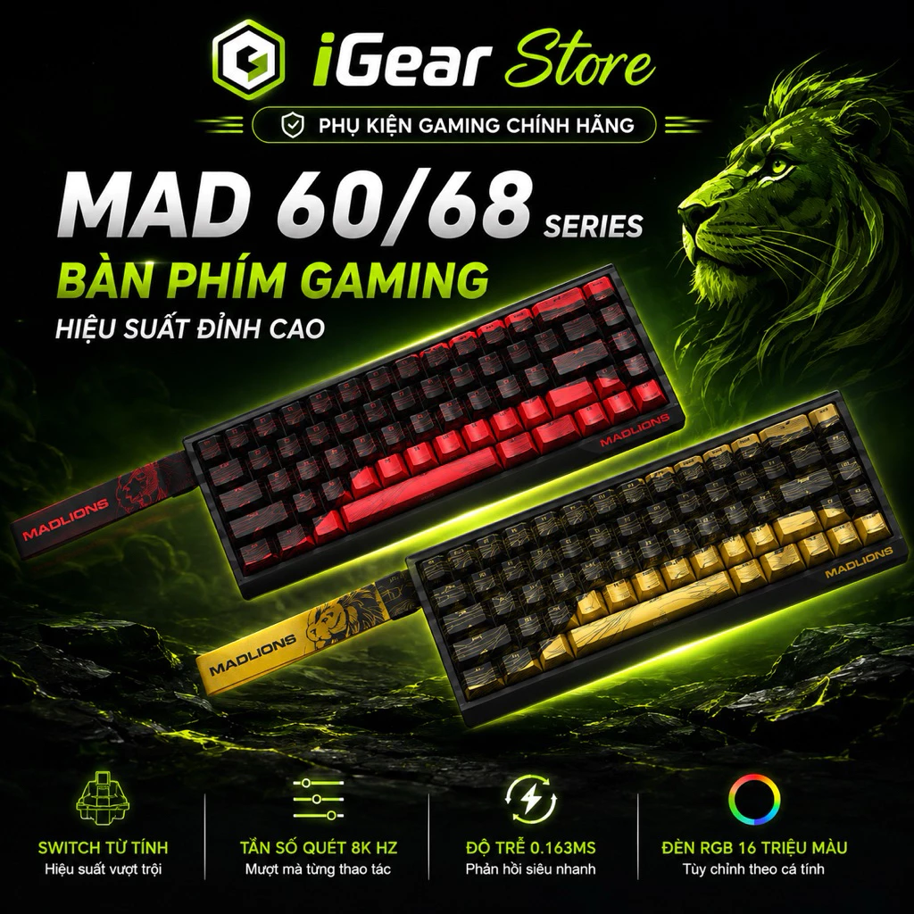 Bàn phím cơ từ MADLIONS MAD60 / MAD68 – Hall Effect Magnetic Switch | Rapid Trigger | 8KHz | RGB | Gaming Esports