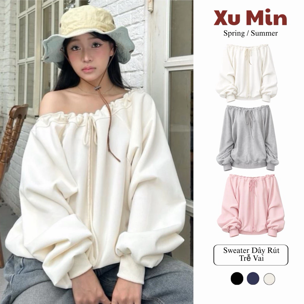 Áo Trễ Vai Mặc Nhiều Kiểu Xu Min Min - Chất Nỉ 2 Da, Phù Hợp Thời Tiết 4 Mùa (Trễ Vai Dây Rút)