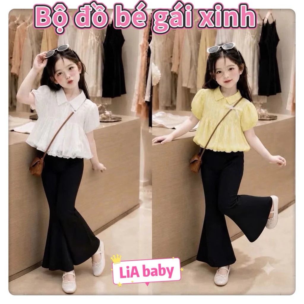 [Mới về] Set áo sơ mi tay phồng dáng bí kèm quần loe siêu xinh cho bé gái (9-35kg)- Q4