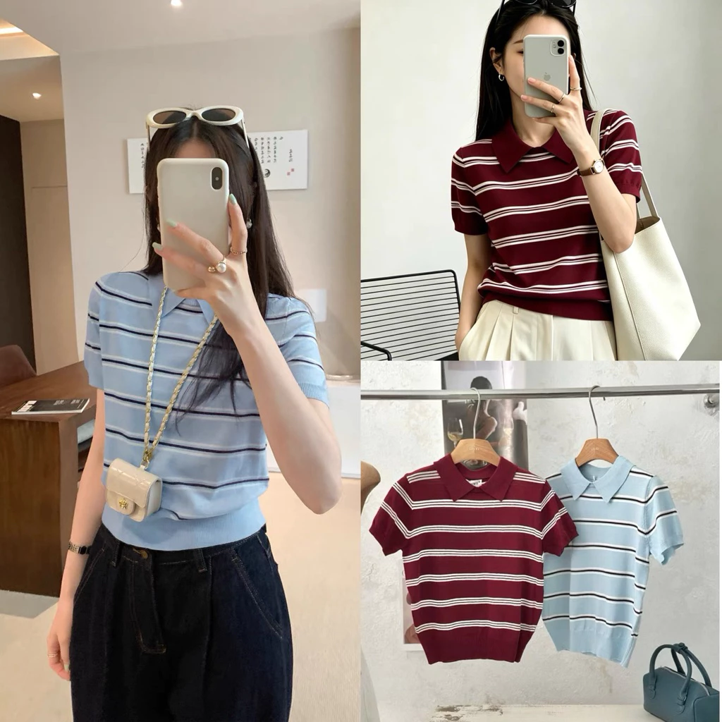 [Hàng QC] Áo Len Mongtoghi Nữ Cổ Bẻ Cộc Tay Kẻ Ngang 2 Màu Xanh/ Đỏ