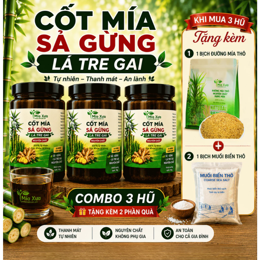 Combo 3 Hũ Cốt Mía Sả Gừng Lá Tre Gai Không Chất Bảo Quản Không Phụ Gia Tặng Kèm Đường Mía Thô Và Muối Biển Thô