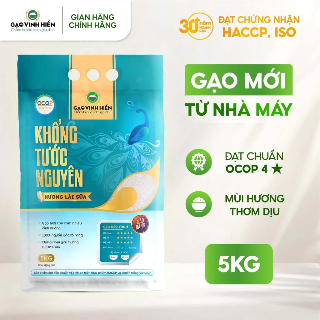 Gạo Hương Lài Sữa Khổng Tước Nguyên 5kg Vinh Hiển - Dẻo vừa, thơm, mềm cơm - gạo thơm ngon