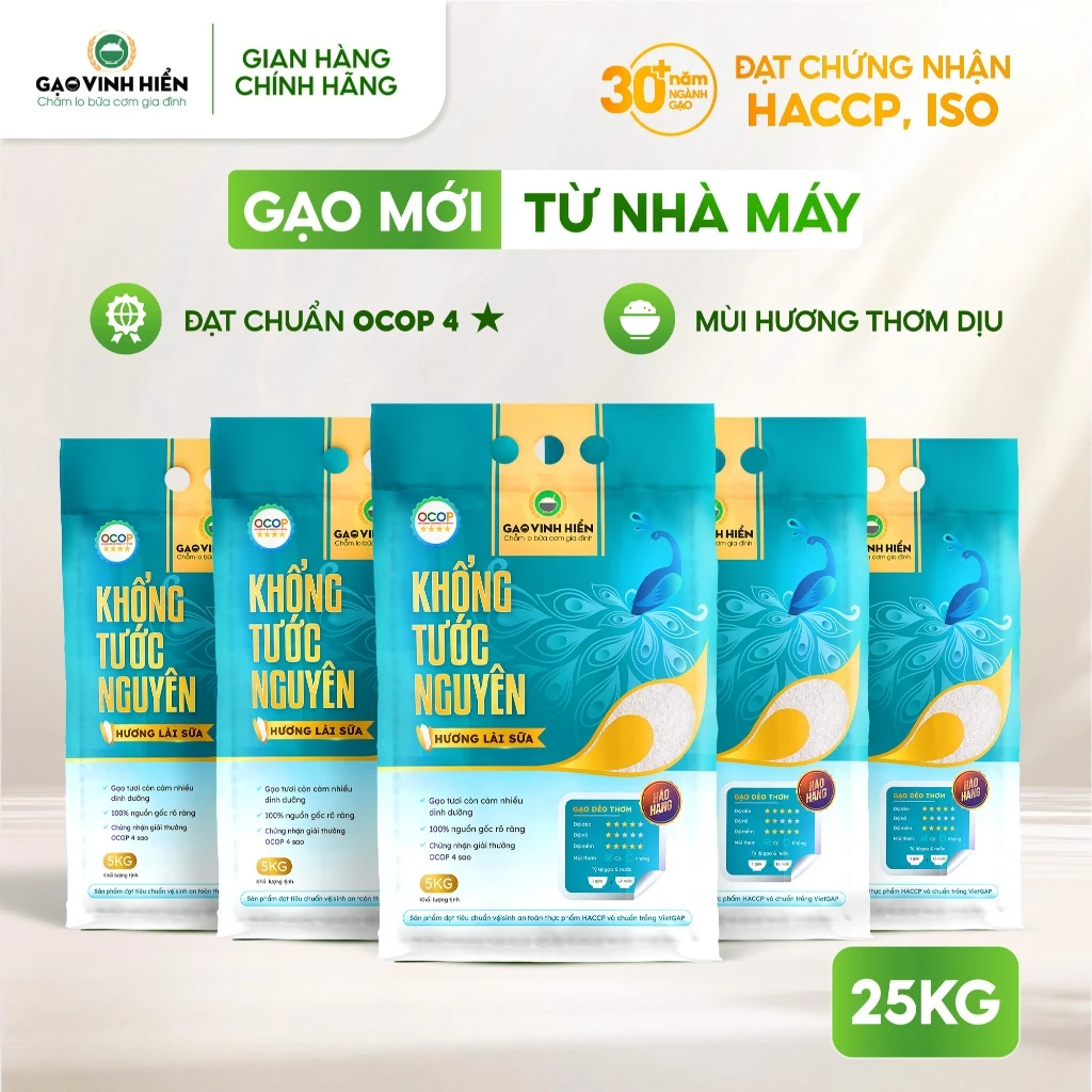 [SỈ 25KG] Combo 5 Túi Gạo Hương Lài Sữa Khổng Tước Nguyên Vinh Hiển - Tiết kiệm, dẻo mềm, thơm cơm