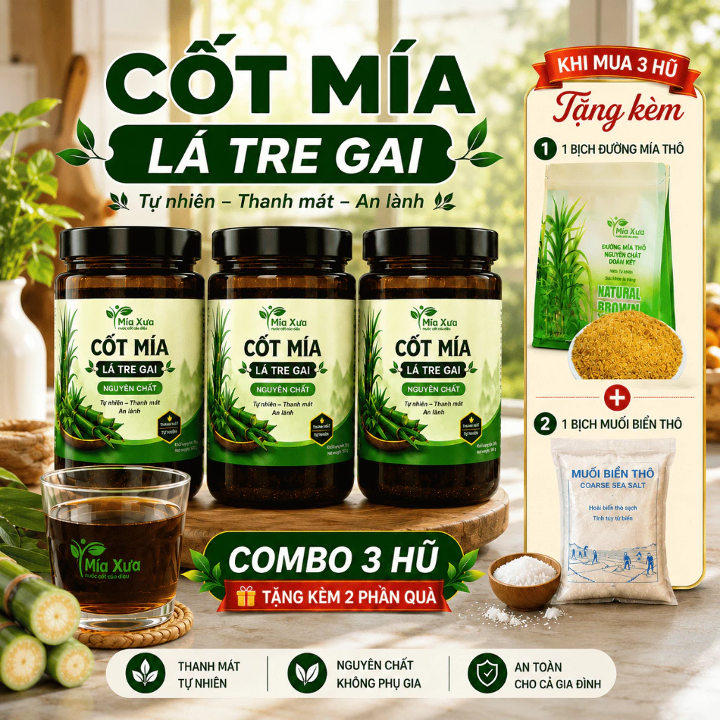 Combo 3 Hũ Cốt Mía Lá Tre Gai Không Chất Bảo Quản Không Phụ Gia Tặng Kèm Đường Mía Thô Và Muối Biển Thô